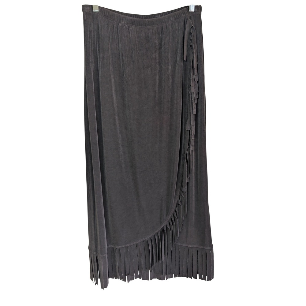 Chicos Travelers Sz 2 L Fudge Brown Slinky Fringe Faux Wrap Midi Skirt boho